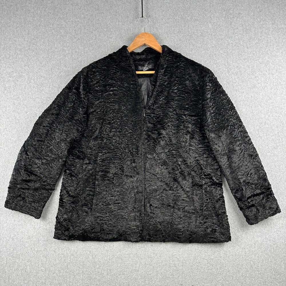 Dialogue Jacket Womens 18W Black Faux Fur Persian Lamb Zip Up Textured Coat